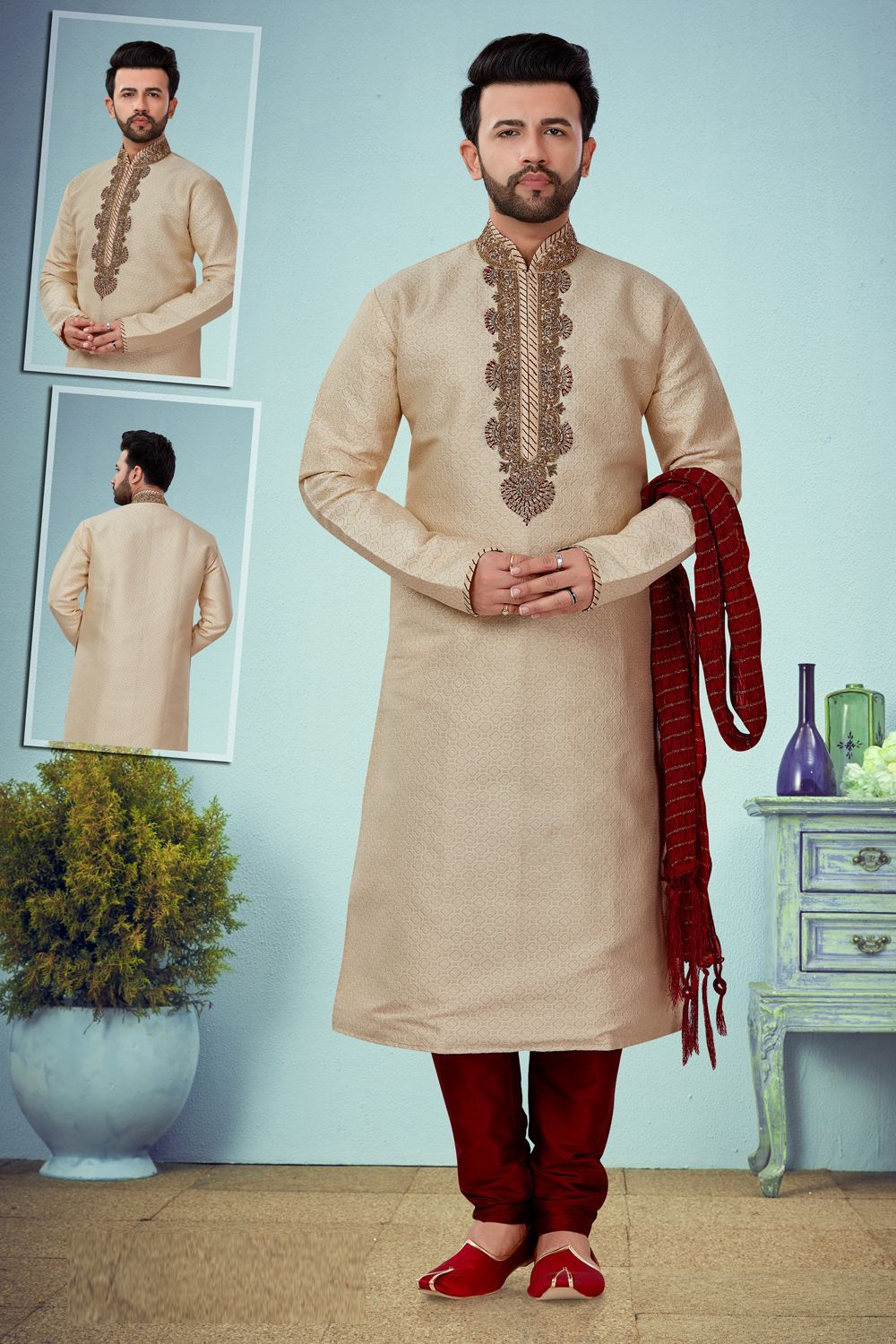 gold jaquard wedding kurta pajama nmk 4821